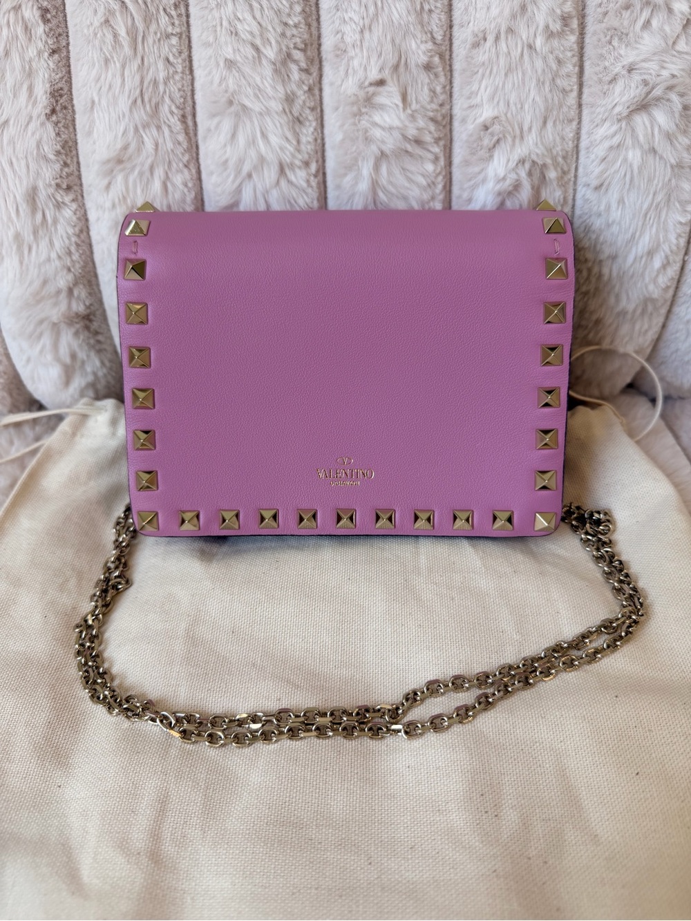 Valentino Pink Mini Rockstud Pouch with Chain Crossbody Bag